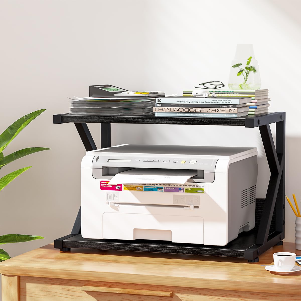 Garden 4 you 2 Tier Desktop Printer Stand,Under Desk Printer Trolley, Multi-Purpose Printer Cart Organizer,Wooden Storage Shelf with 4 Wheels for