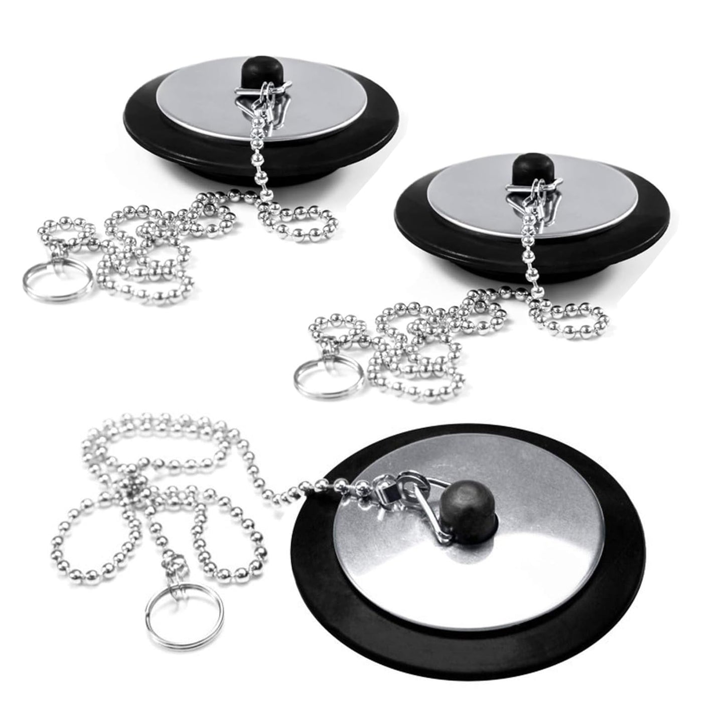 3 Pcs Universal bath plug with Chain, Bathroom Sink Plug Replacement, Drain Stopper for Bathroom Kitchen (Size 1.7in, Chain 15.7in)