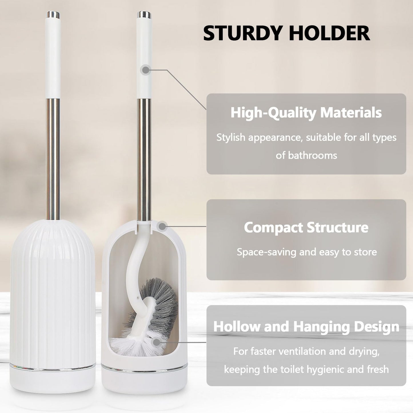 Toilet Brush, Toilet Brushes with Holders, Curved Toilet Brush with Edge Cleaner, Stainless Steel & Plastic Handle, Bathroom Cleaning Brush