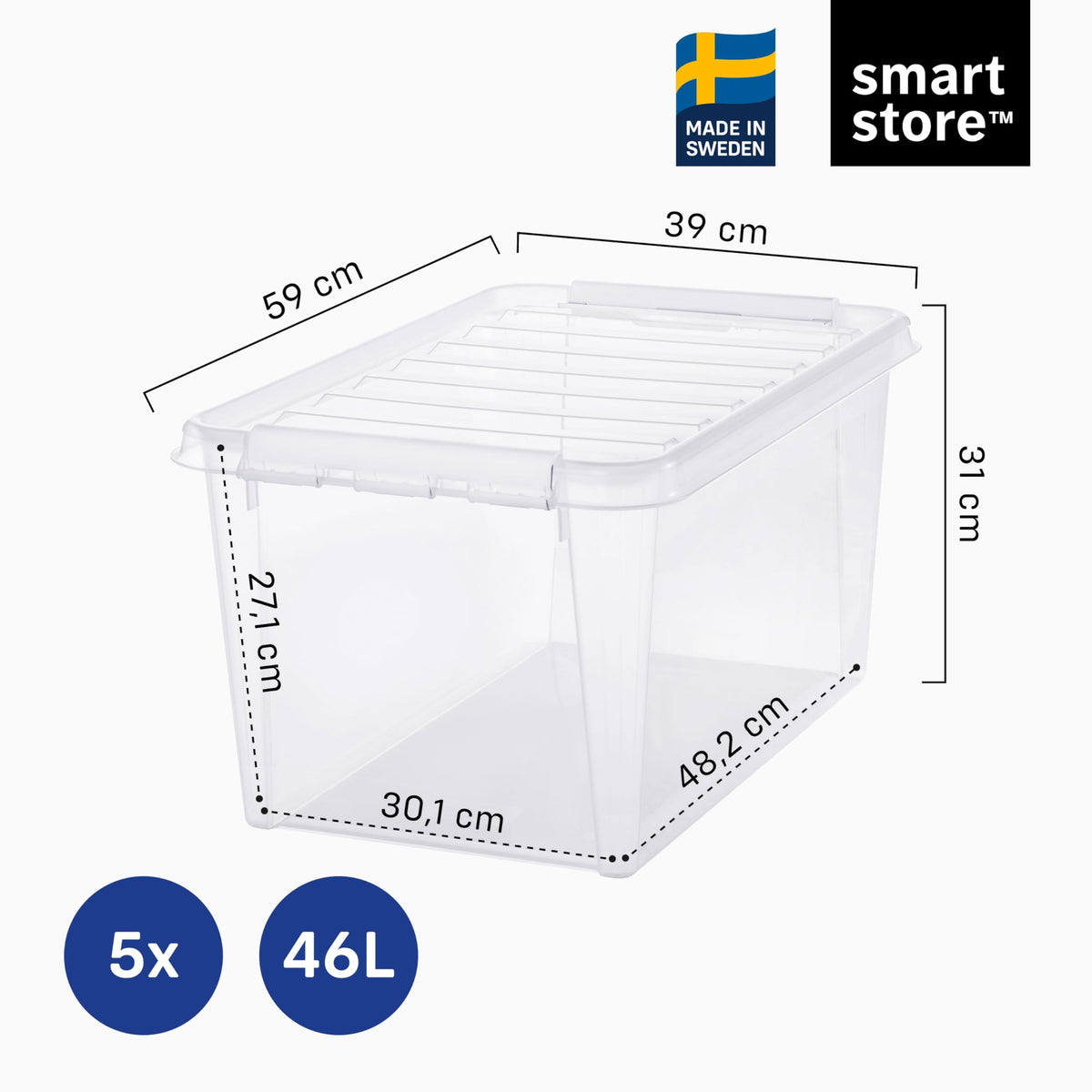 SmartStore - 5x Plastic Storage Box with Lid Classic 46L (59x39x31cm) |Plastic Storage Drawers with Lid|Food-Safe Material|Kitchen &
