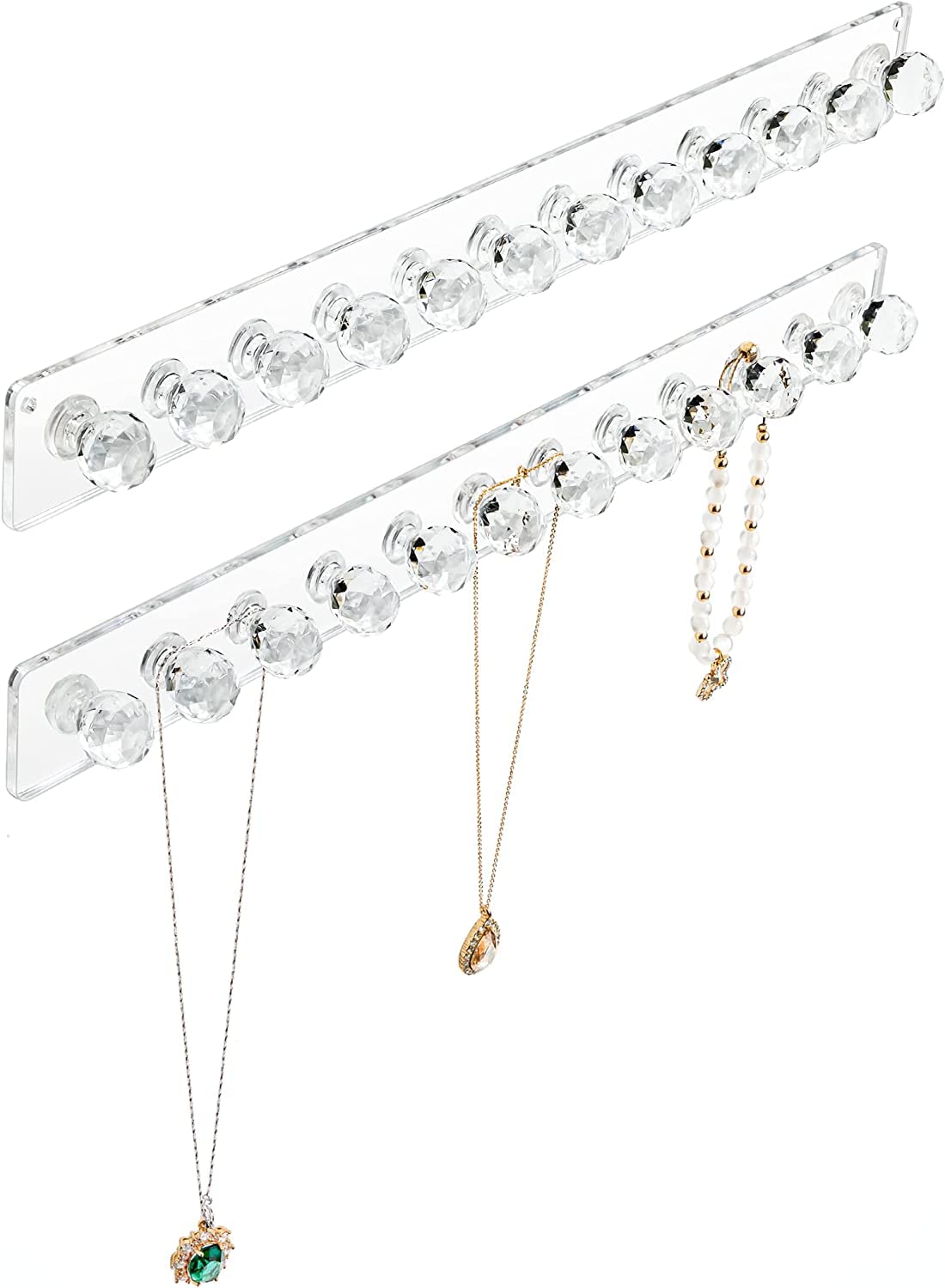 Aegistus 2 Pcs Necklace Holder, Acrylic Necklace Hanger, Wall Mont Necklace Organizer, Jewelry Hooks for Necklaces, Bracelets, Chains (Clear)