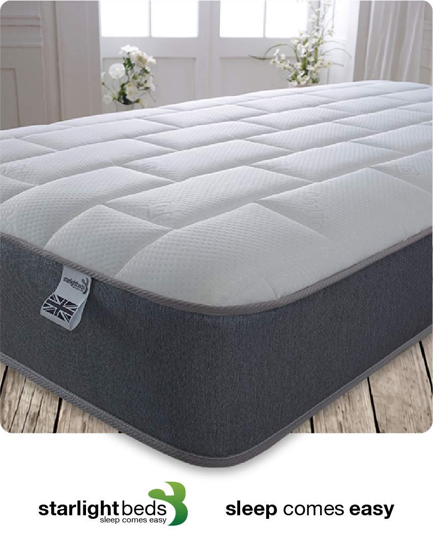 Starlight Beds Essentials Large Brick 3ft Hybrid Spring and Memory Foam Mattress. Budget-Friendly with Elegant Grey Design, Soft Firmness, 7.5 Inch
