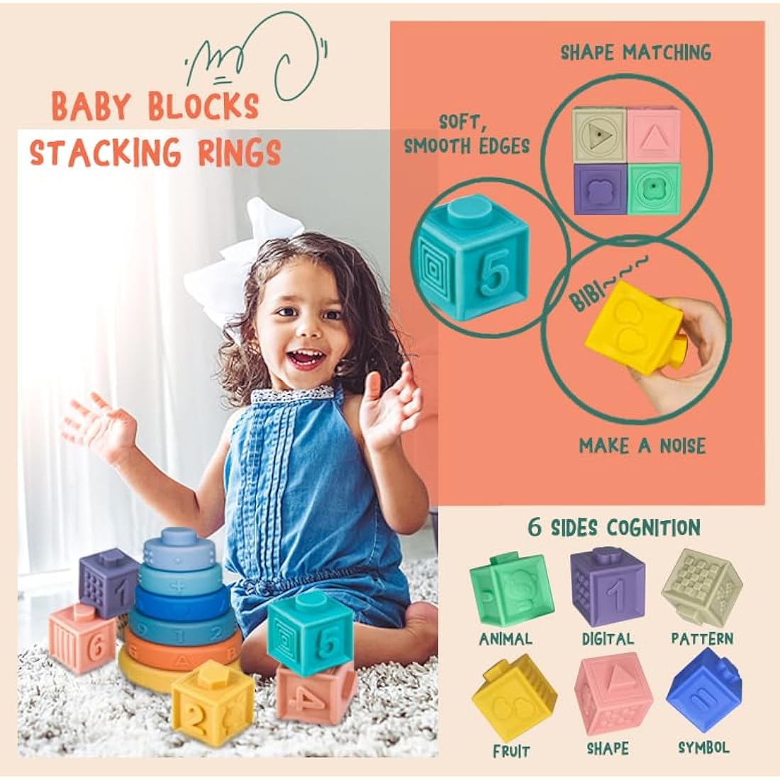 MutoToy® Baby Toys 6 Months Plus, 6 in 1 Montessori Toys, 42PCS Sensory Toys with Stacking cups, Suction Cup Spinner Toys, Baby Tissue Box Toy, Shape Sorter, Stacking Rings, Baby Blocks