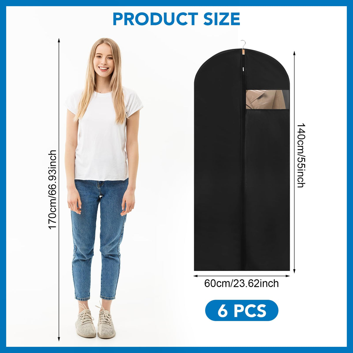 6 Pack Dress Bags Covers Long, PEVA Garment Bags, Dress Covers 60cm*140cm