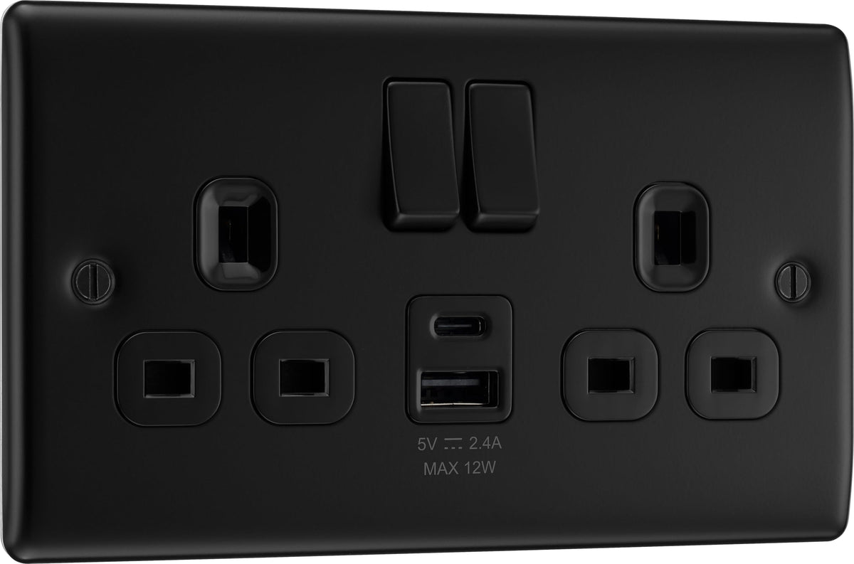 BG Electrical 12W Double Switched Power Wall Plug Socket with Type A and Type C USB Charging Ports, Nexus Metal, Matt Black, 13A, NFB22UAC12B
