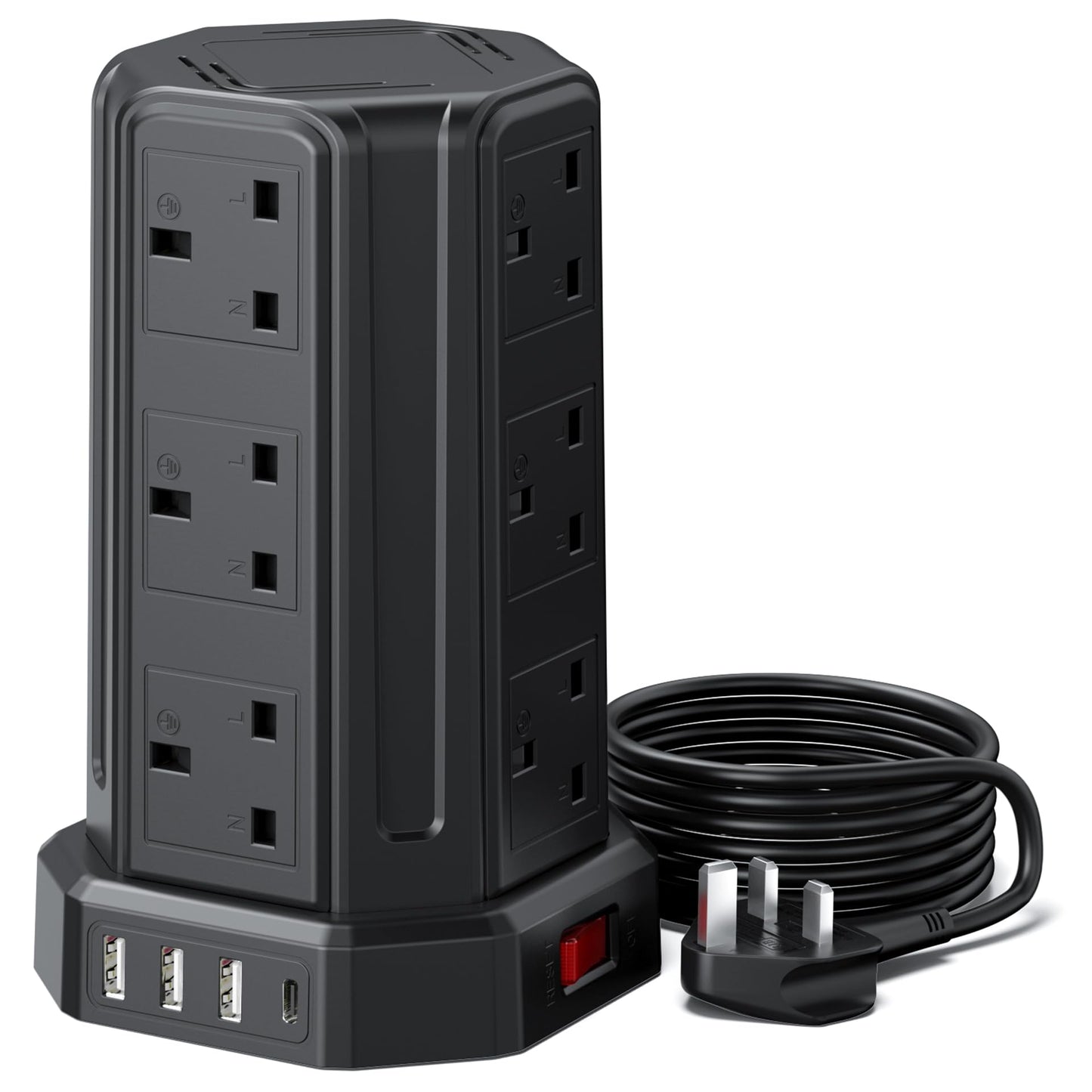 Tower Extension Lead 3M, [13A 3250W] 12 Way Tower Extension Lead Multi Plug Extension Sockets with 4 USB Slots, Surge Protector Extension Cable 3M for