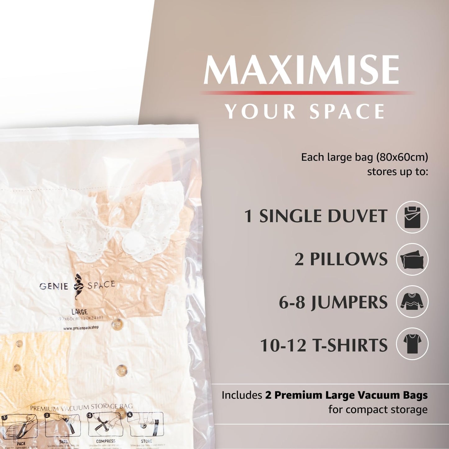 GENIE SPACE Premium Vacuum Storage Bags, Size L 2 Pack, 80x60 cm