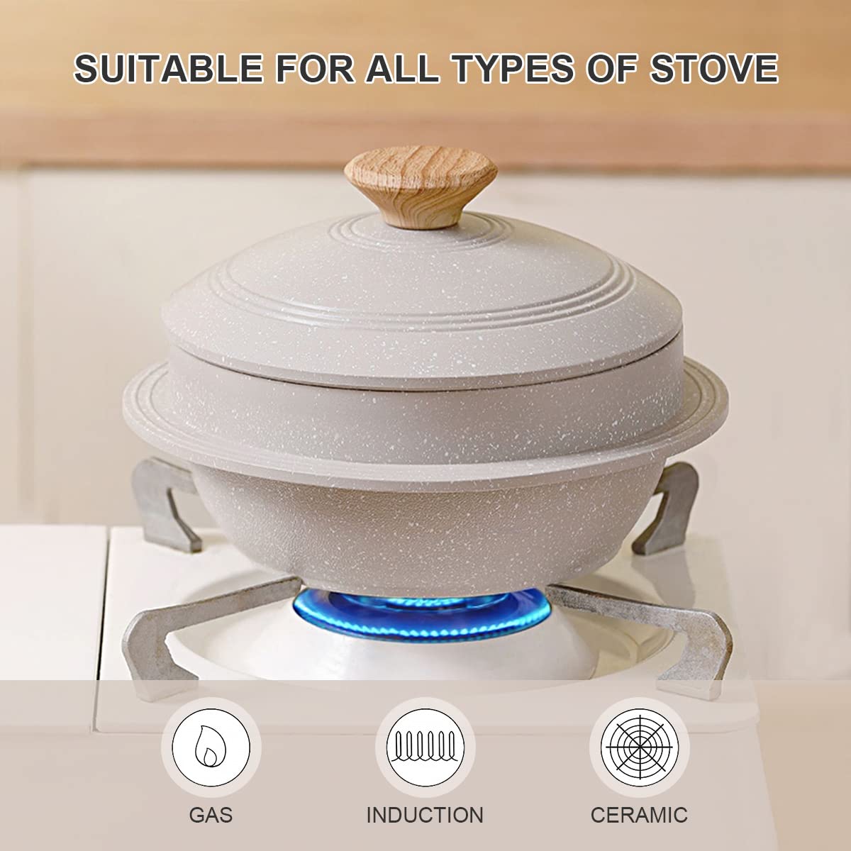 Bobikuke Cast Aluminum Pot with Lid, 24 cm Non-Stick Casserole Dish Korean Stone Bowl Induction Compatible, White