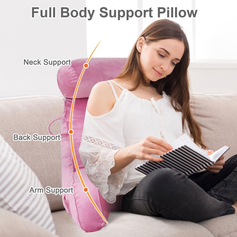 Mingfuxin Reading Pillows for Bed Sofa, Bed Backrest Pillows with Neck Arm Back Support Pillow, Adult Back Reading Cushion with Detachable Neck Roll &