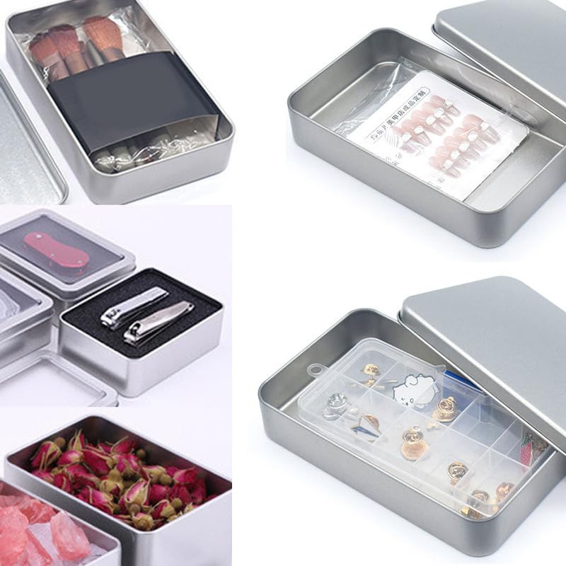 Globellapro 10.8 * 7.6 * 1.77cm Rectangular Tin Boxes Sliver Hinged Storage Tins Metal Empty Tins Containers Tweezers,Tools Small Items Storage