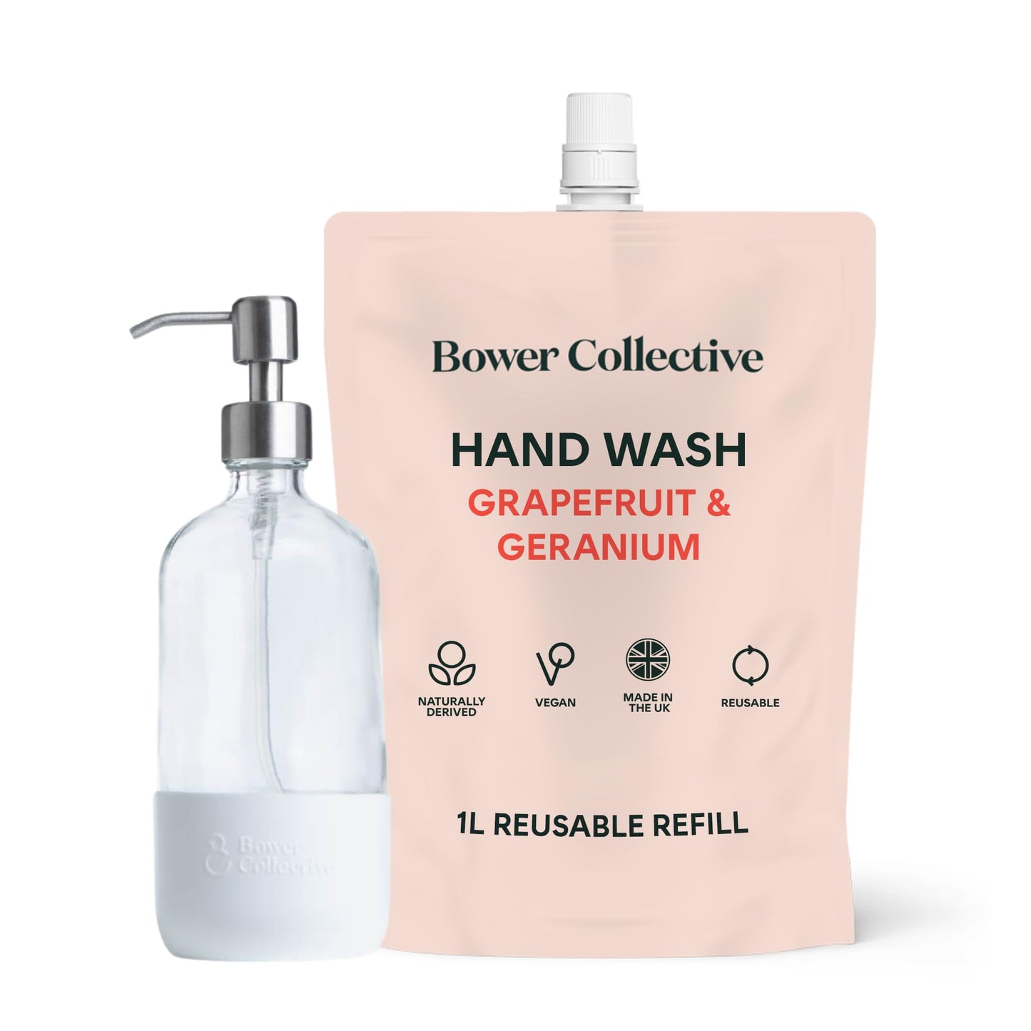 Bower Collective Natural Antibacterial Liquid Hand Soap with Glass Dispenser, Geranium & Grapefruit Handwash Refill, Eco-Friendly Soap, 1 Litre, 300+