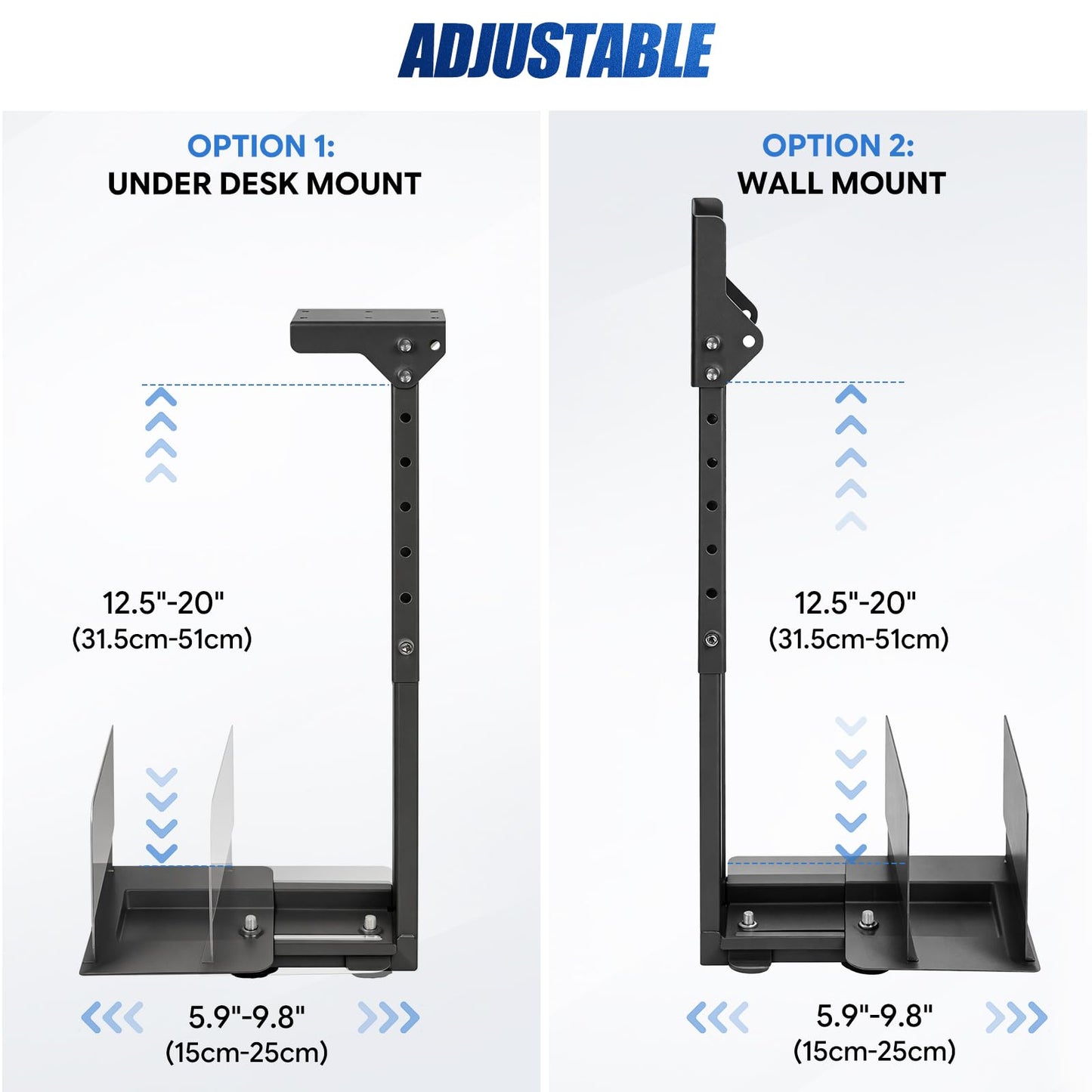 Heavy Duty PC Under Desk Hanger, 2-in-1 Computer Tower Wall Mount Bracket, Adjustable Width 15–25 cm, Height 31.5–51 cm, Holds up to 23 kg