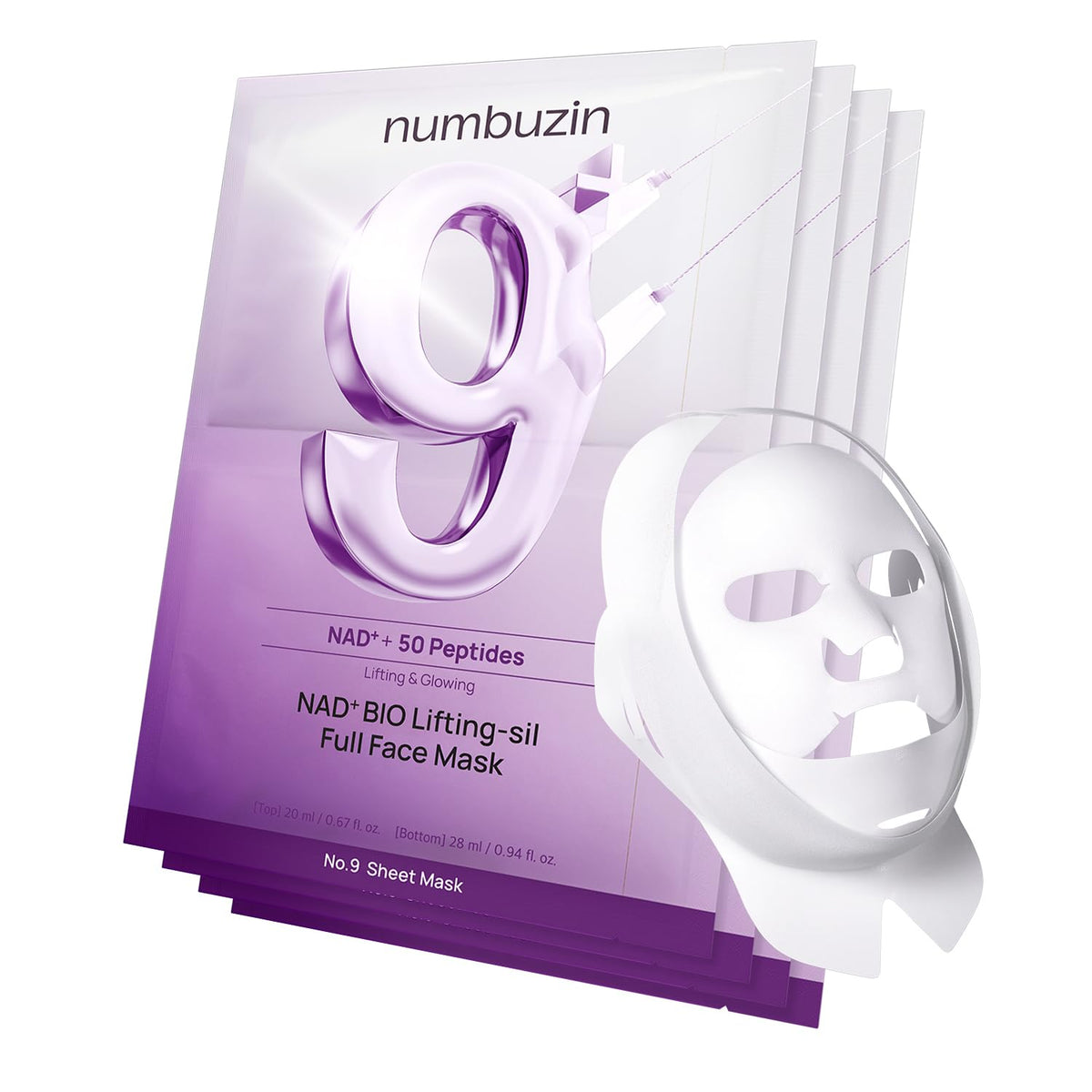 numbuzin No.9 Sheet Mask | NAD+ BIO Full Face Mask | Improves Jawline, Jowls, Wrinkles, Neck Lines | Peptides, NAD+, Collagen | Skin Firmness | 4