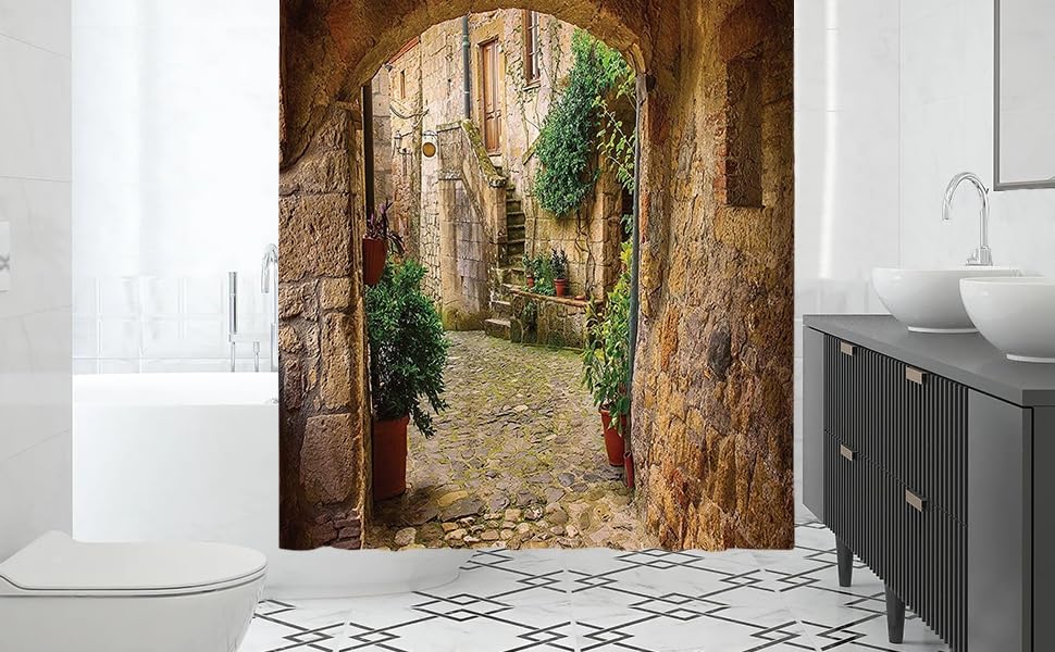 Abaysto Shower Curtain Landscape from Another Door Antique Stone Village Tuscany Italian Valley Scenery Decor Waterproof Fabric Bathroom Bathtub