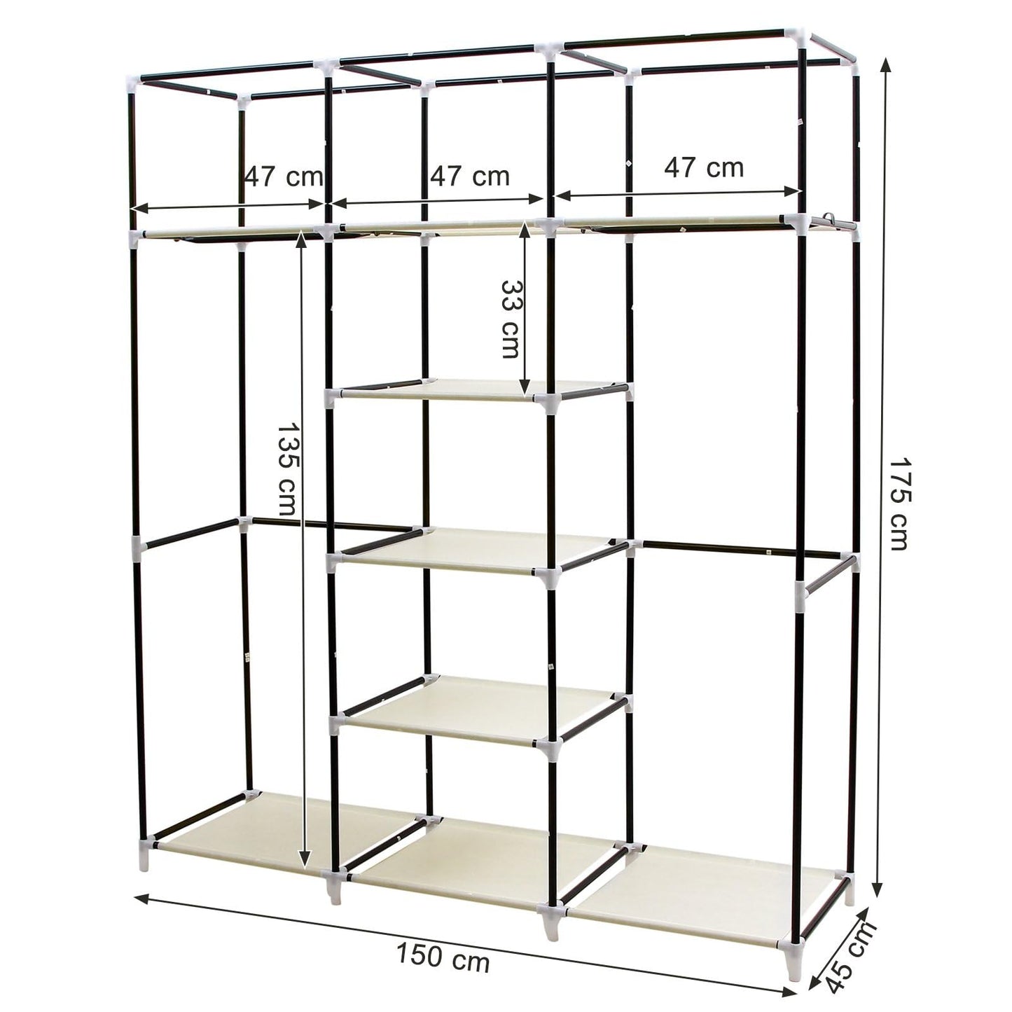 Songmics Folding Wardrobe, Fabric Closet, Foldable Wardrobe with 2 Clothes Rails, 175 x 150 x 45 cm, Beige RYG12M