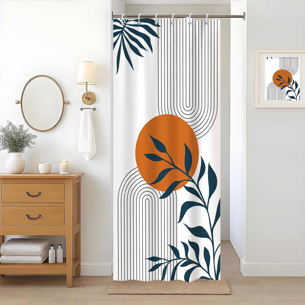 Abstract Stall Shower Curtain, Uiiooazy Blue Leaves Mid Century Terracotta Arch Modern Minimalist Bath Curtain Mildew and Mould Proof Waterproof