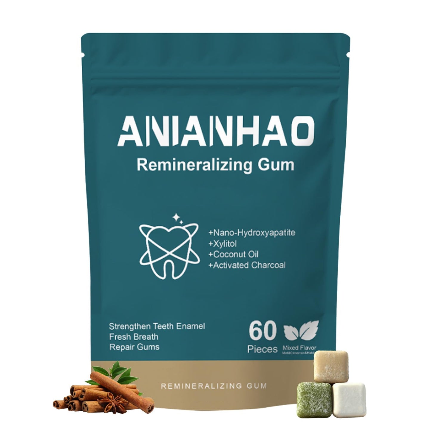 60 Count Remineralizing Gum with Nano Hydroxyapatite & Xylitol ? Sugar-Free Cinnamon Xylitol Gum ? Plastic-Free, Dye/Aspartame-Free ? Natural Base