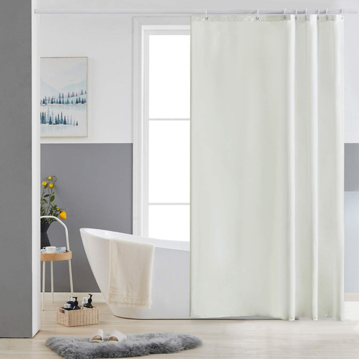 Furlinic Beige Shower Curtain Mould Proof Water Resistant Washable Polyester Fabric Bath Curtains with Weight Tape 8 Hooks for Wetroom 47x72 Inch