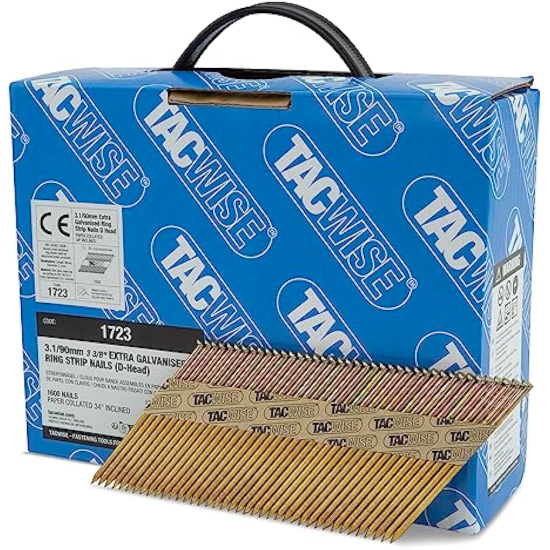 TACWISE 1723 3.1/90 mm Extra Galvanised Framing Nails, D Head, Ring Shank, 34° Inclined, Paper Collated, Pack of 1600, Silver