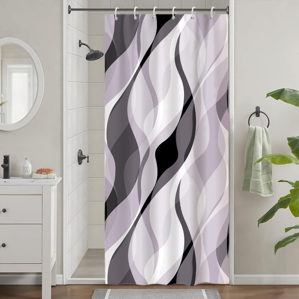 Uiiooazy Lavender Shower Curtain, Abstract Striped Geometric Line Bath Curtain Anti-Mould Waterproof Polyester Fabric Washable Bathroom Curtain with 6