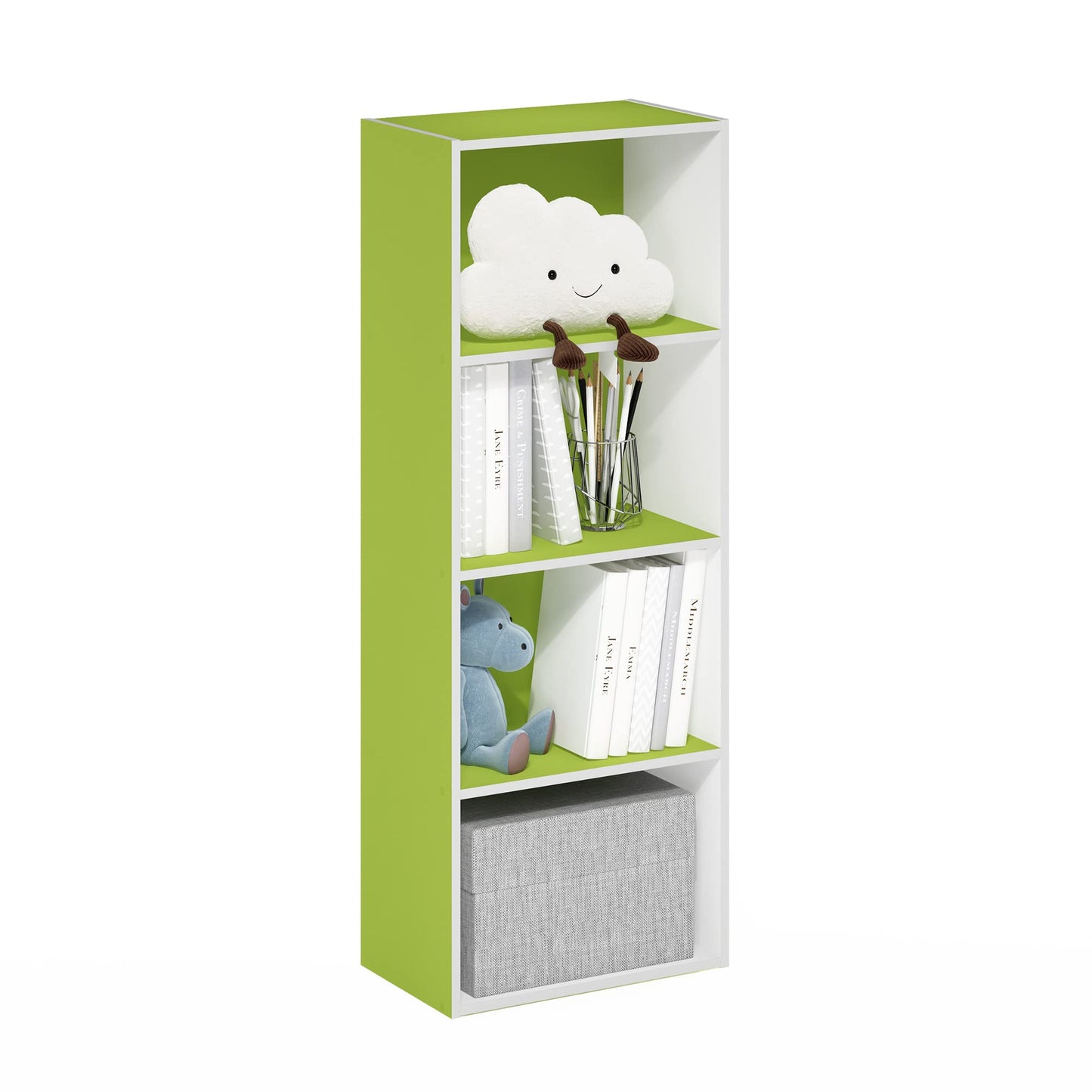 Furinno LUDER Book Shelf, 4-Tier Bookshelf, Bookcase with Open Shelf, 9.3 x 15.6 x 41.7, for Living Room, Bedroom, Home Office, Green/White
