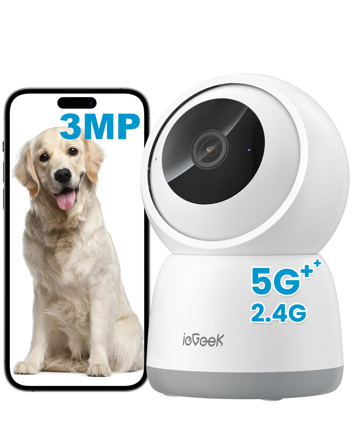 ieGeek 2K 3MP Indoor Camera No Monthly Fee, 2.4G/5Ghz WiFi Pet Camera, Plug-in 24-hour Security Camera, Night Vision, 360? PTZ, Motion Detection and
