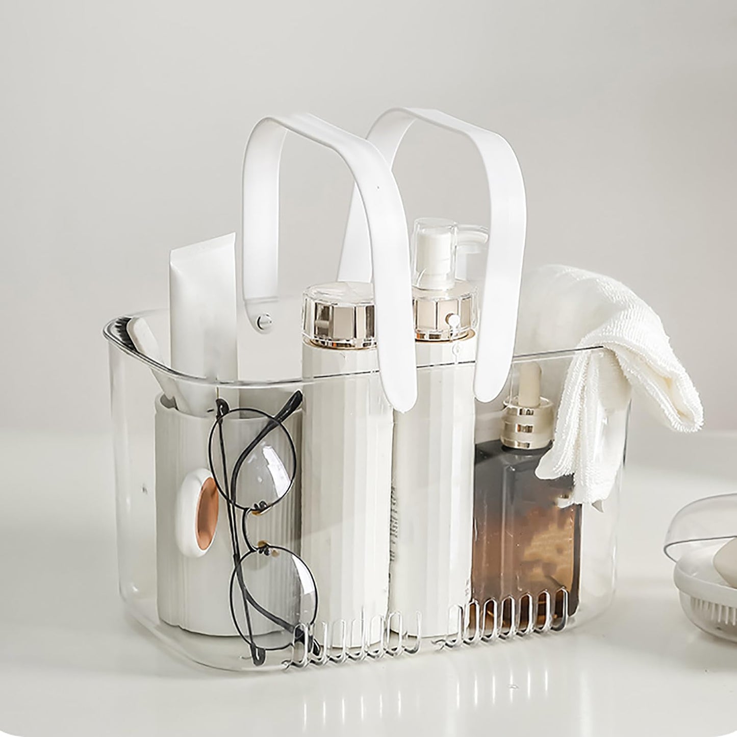 NOENNULL Shower Caddy Basket, Plastic Storage Basket with Handle, Large Capacity Storage Portable Shower Caddy Hollow Design Clear Bathroom Basket