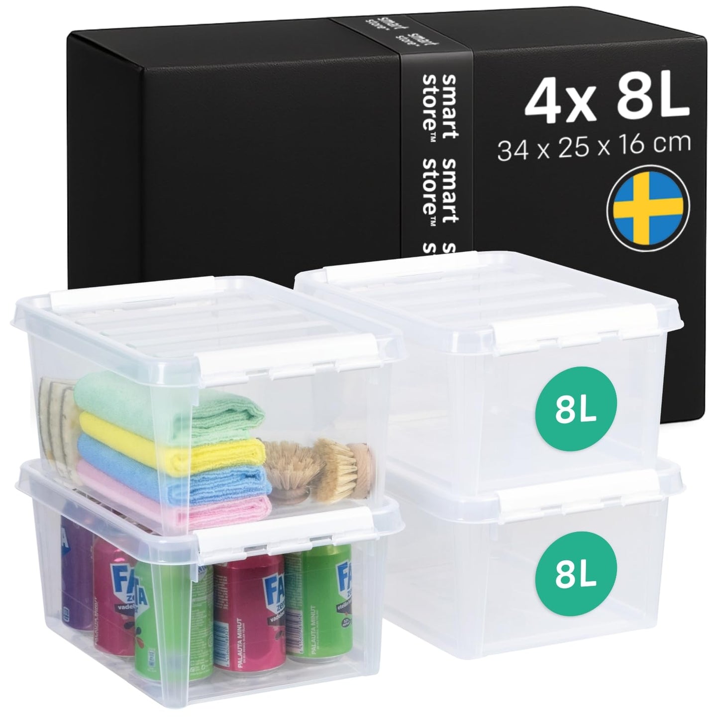 SmartStore - 4x Plastic Storage Box with Lid Classic 8L (34x25x16cm) |Plastic Storage Drawers with Lid|Food-Safe Material|Kitchen &