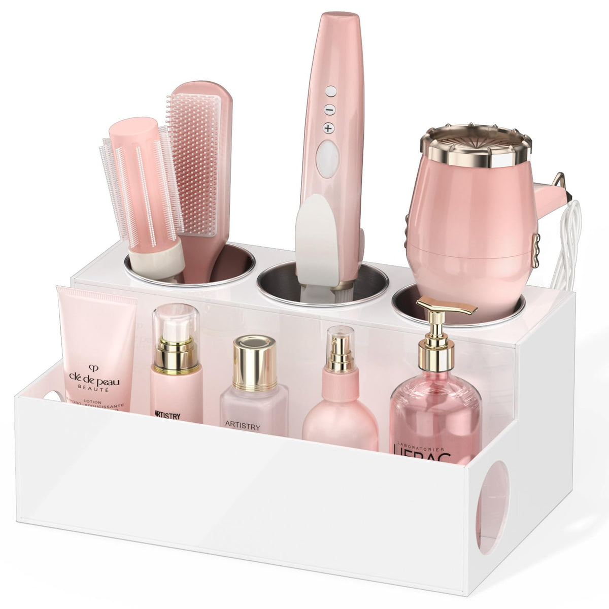 NIUBEE Hair Dryer Holder, White Acrylic Hair Tools and Styling Organizer, Bathroom Countertop Blow Dryer Holder, Vanity Caddy Storage Stand for