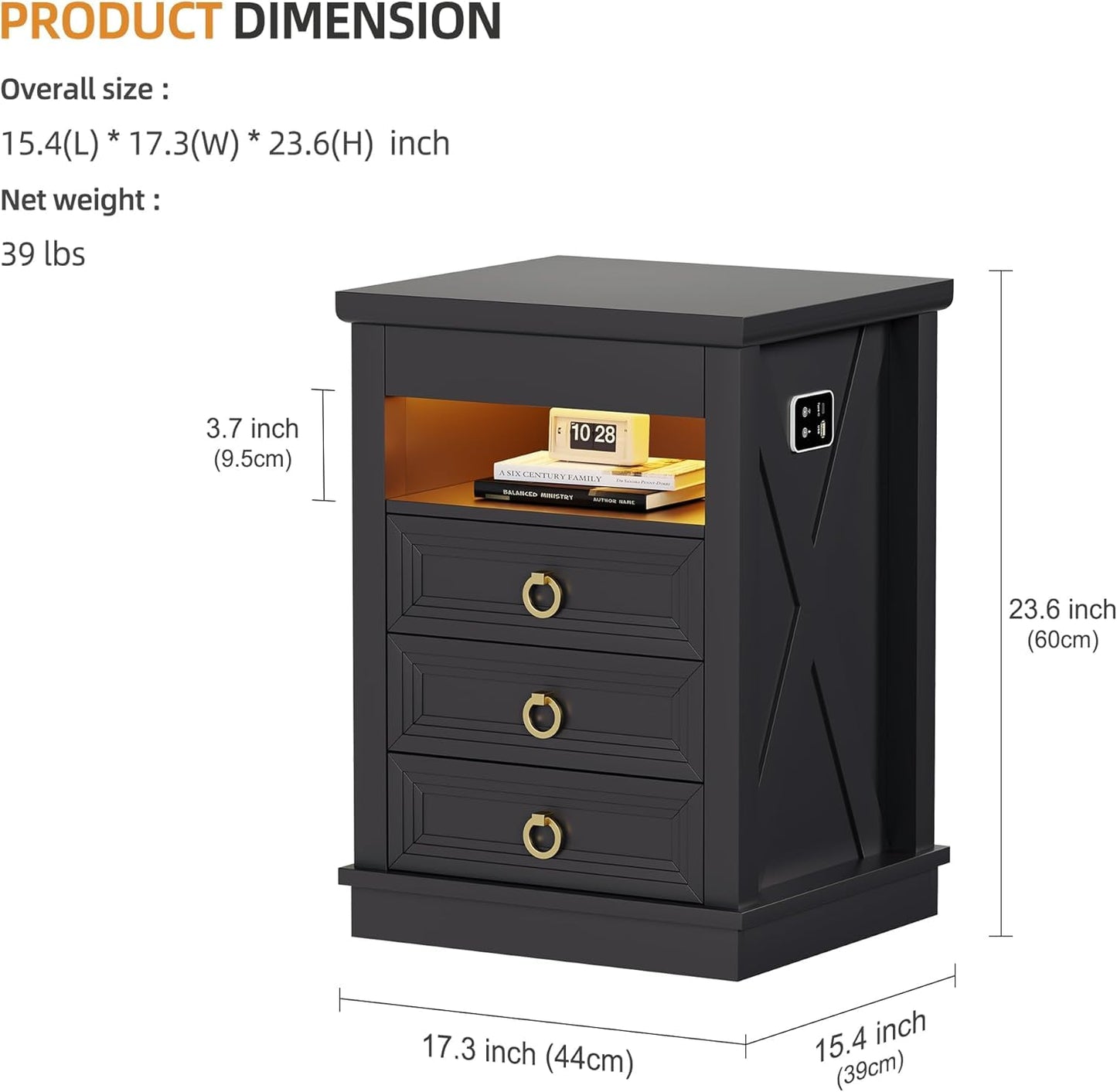 Lvifur Bedside Table - with Hidden Drawer,LED Nightstand with Charging Sation,Smart Night Stand with 3 Color Lights,End Table with Glass Desktop,3