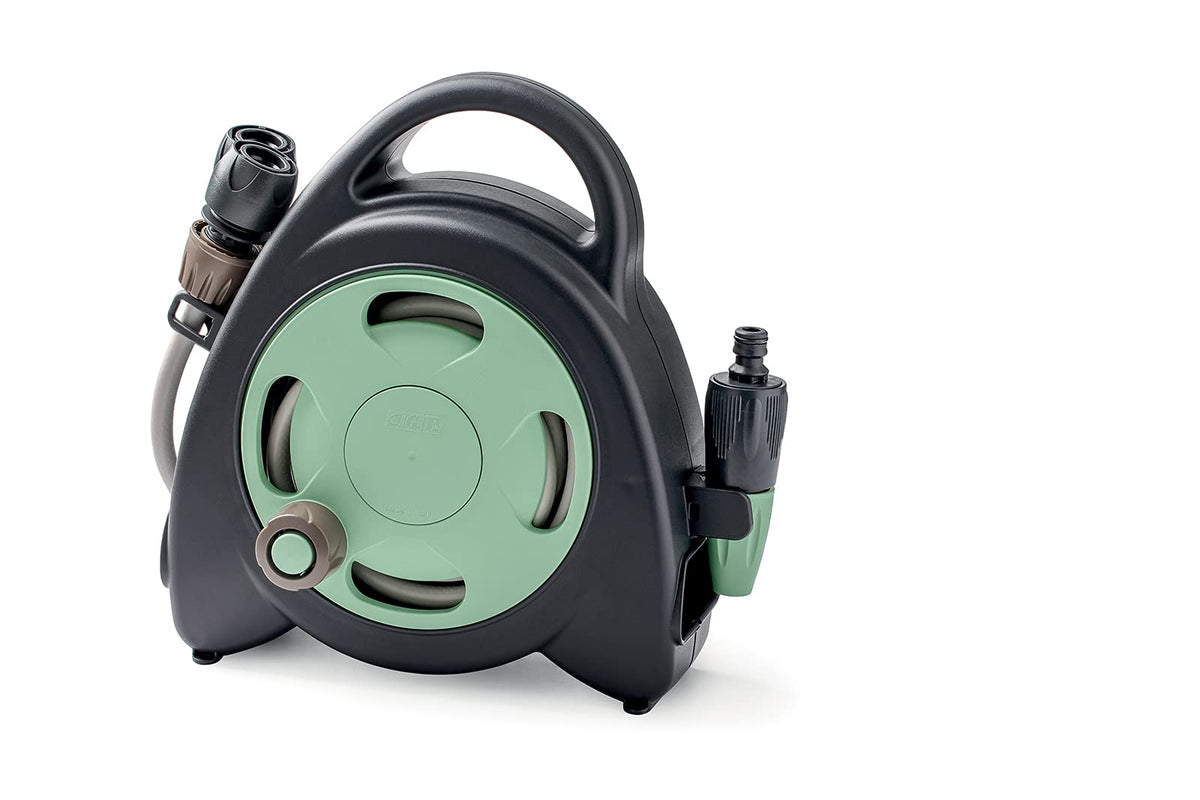 GF Garden, Aquabag RECO, Mini hose reel, MADE WITH RECYCLED PLASTIC, with 10M flexible hose, Ready to use Kit, for Watering Plants, Flowers, Pots on