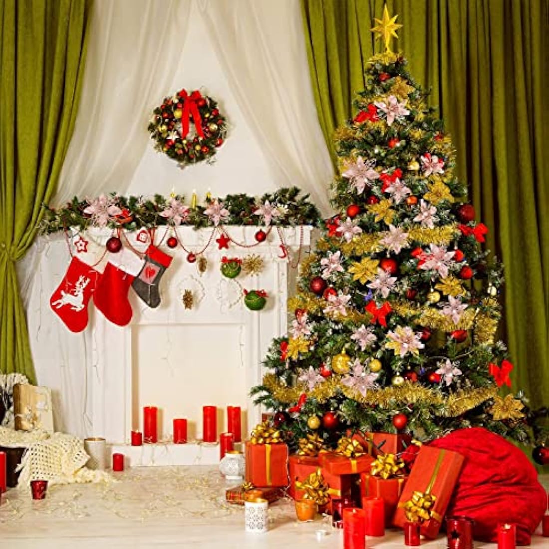 Boao 24 Pieces Christmas Glitter Artificial Poinsettia Flowers Christmas Flowers Decorations Wedding Xmas Tree New Year Ornaments (Rose Gold)