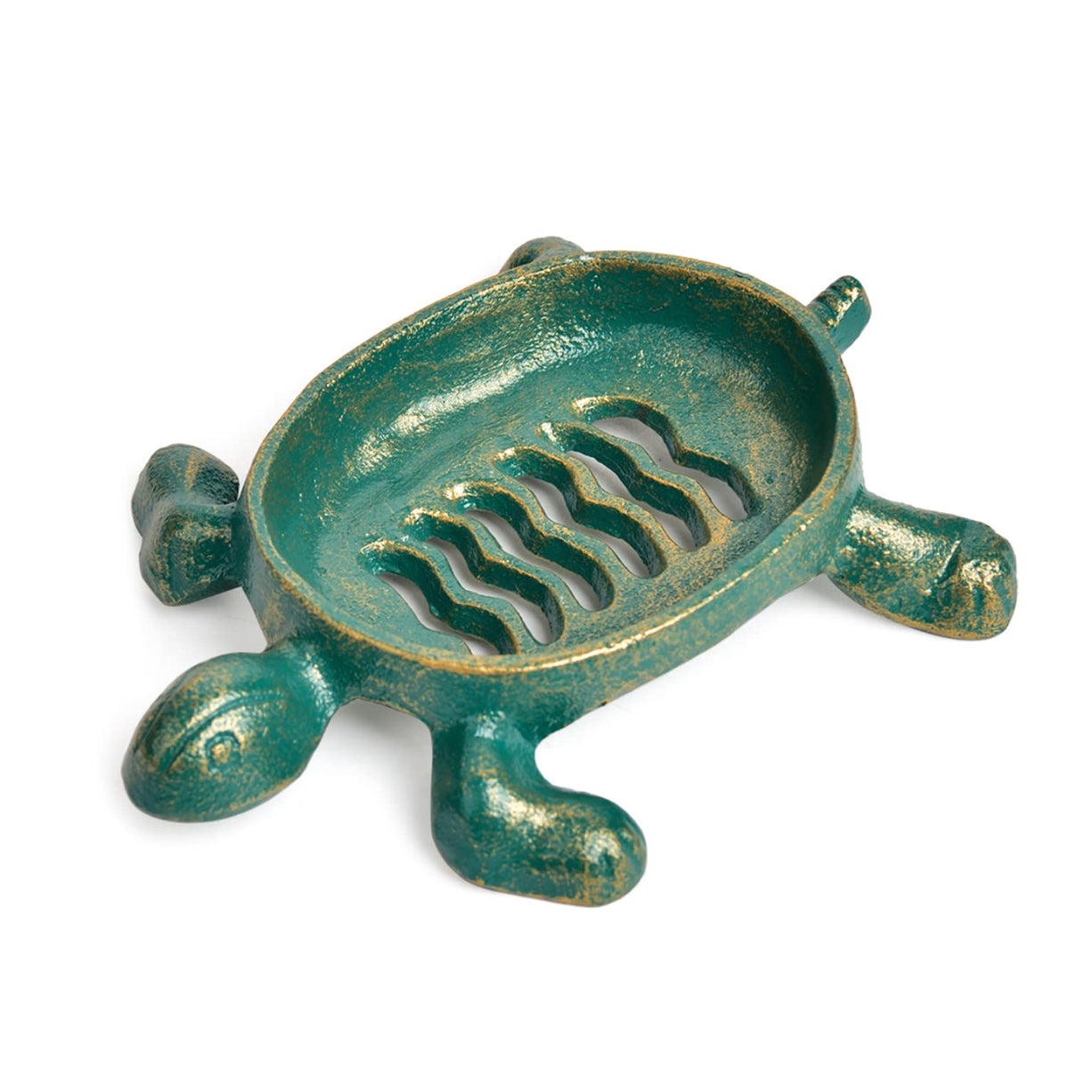 Sungmor Heavy Duty Cast Iron Drainable Soap Holder - Lovely Tortoise Shaped & Antique Green & Gold Finish - Kitchen Bathroom Sink Soap Dish Tray -