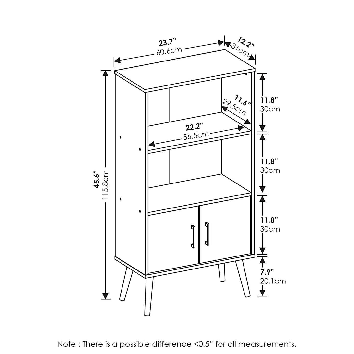 Furinno MIDCENTURY Storage Shelves, Storage Cabinet with Doors and Shelves, Bookshelf with Legs, for Living Room, Home Office, Grey Oak