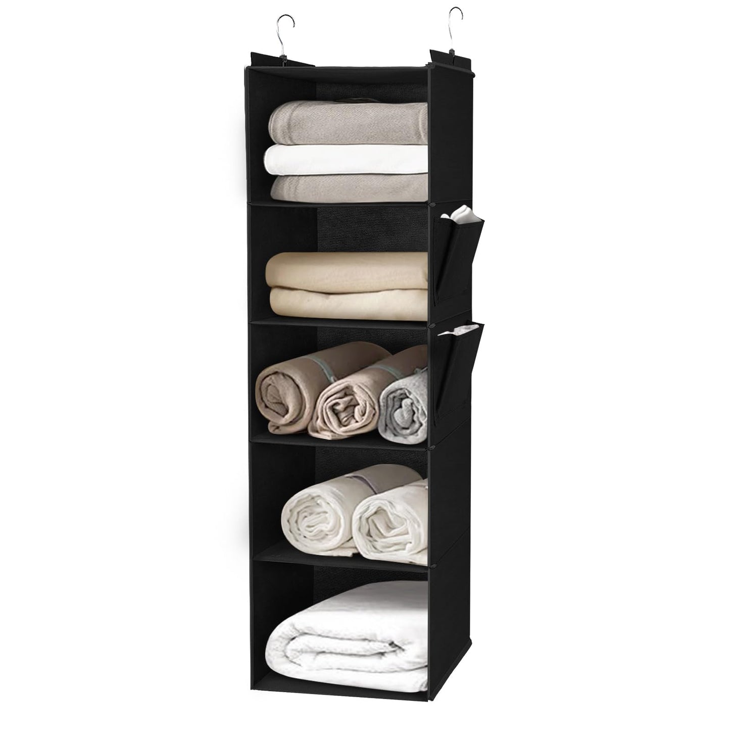 DPWEION Hanging Storage Shelves with 5 Shelves Foldable Hanging Wardrobe Closet Organiser Unit with 2 Side Pockets for Clothes Accessories for