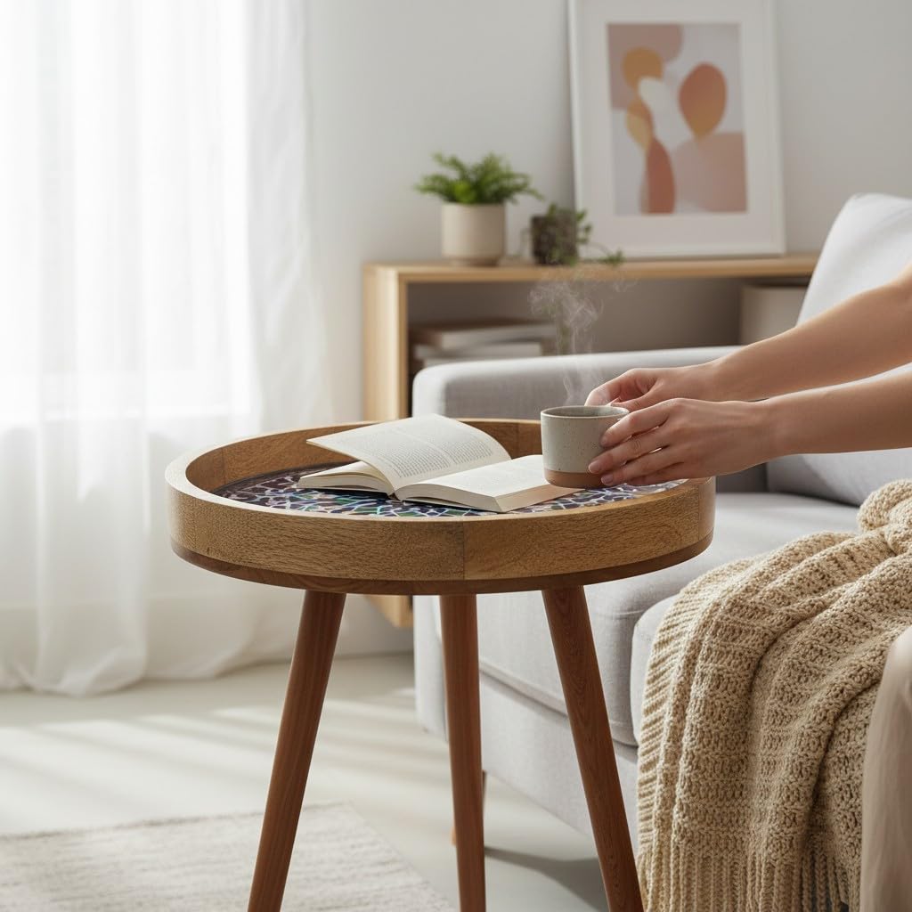 Woodmede Mango Wood Artisan Side Table 18” – Handmade Round Accent Table with 36cm Resin-Coated Enamel Top