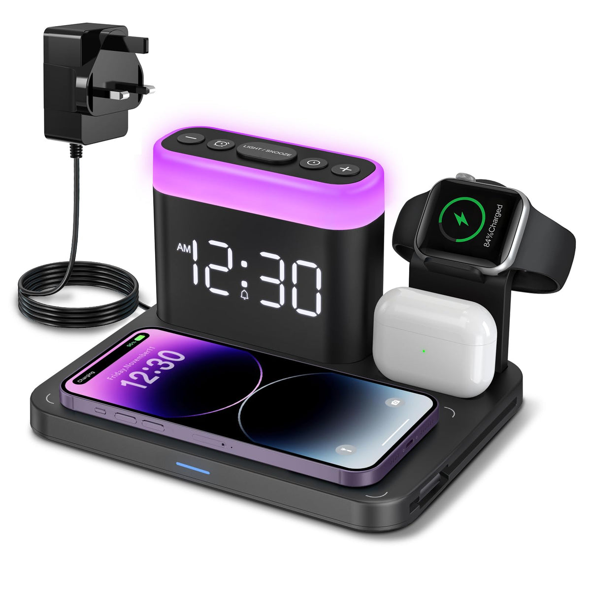 ANJANK Wireless Charging Station with Digital Alarm Clock,5-in-1 Mag-safe Wireless Charger Stand,7 Night Lights,Charging Dock for iPhone