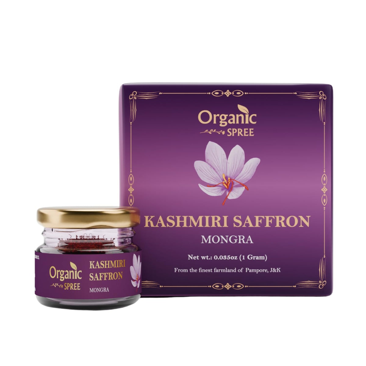 Organic Spree Kashmiri Saffron Kesar 1gm (0.035oz) Threads Pure and Natural l From the finest farmlands of Pampore, J&K l Certified Grade A+ Mongra