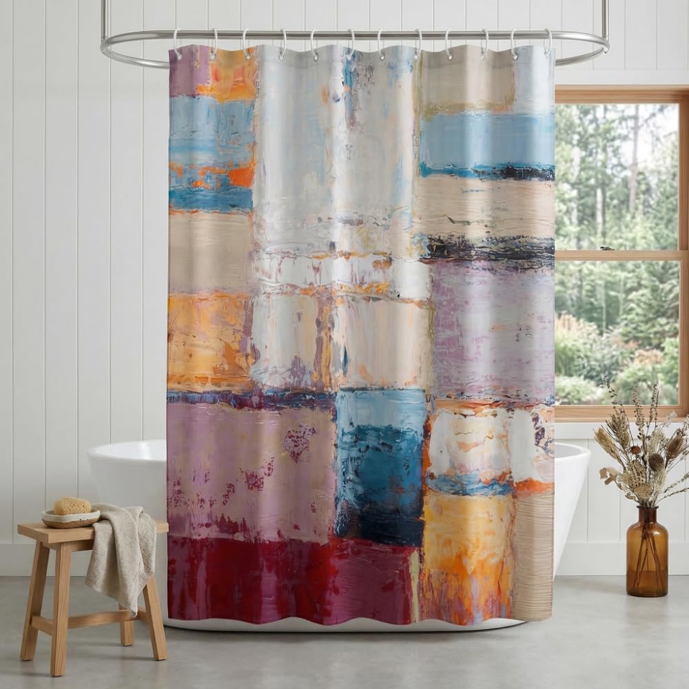 Rohxyzo Abstract Oil Painting Washable Shower Curtain 180 x 180 – Modern Impasto Colour Block Art, Polyester Fabric Shower Curtains for Bathroom
