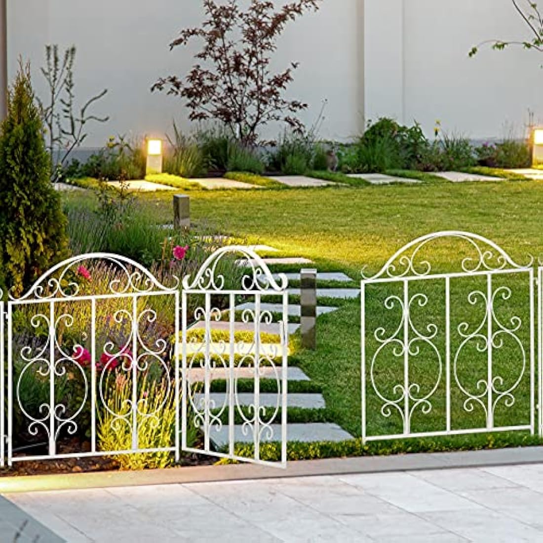 Relaxdays Garden, 3 Parts, Expandable, Ornate gate with 2 Fence Elements, Made of Steel, 185 x 98.5 cm (LxH), White, 98.5 x 185 x 2.5 cm