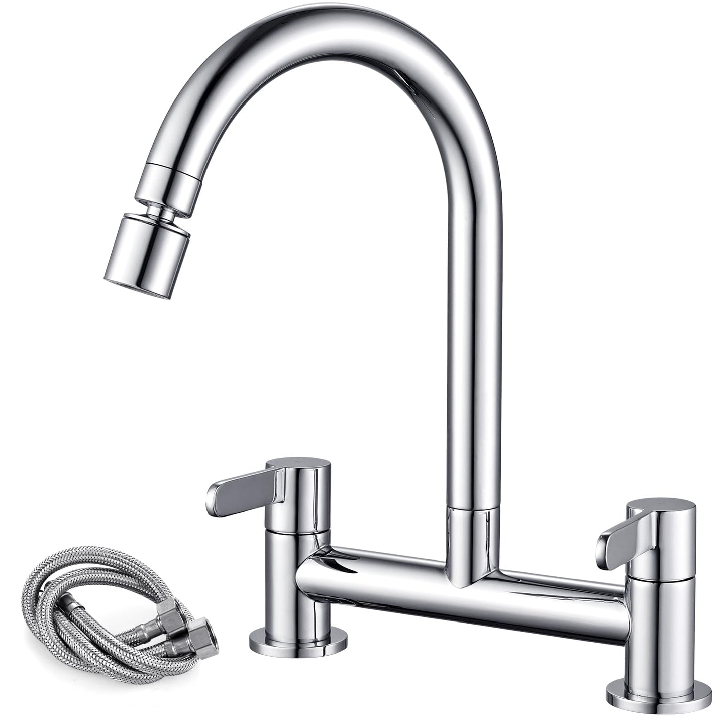 Peppermint Kitchen Mixer Taps 2 Hole with 2 Function Aerator Kitchen Sink Mixer Taps Dual Lever Chrome Bridge Sink Mixer Tap for Kitchens 360? Swivel