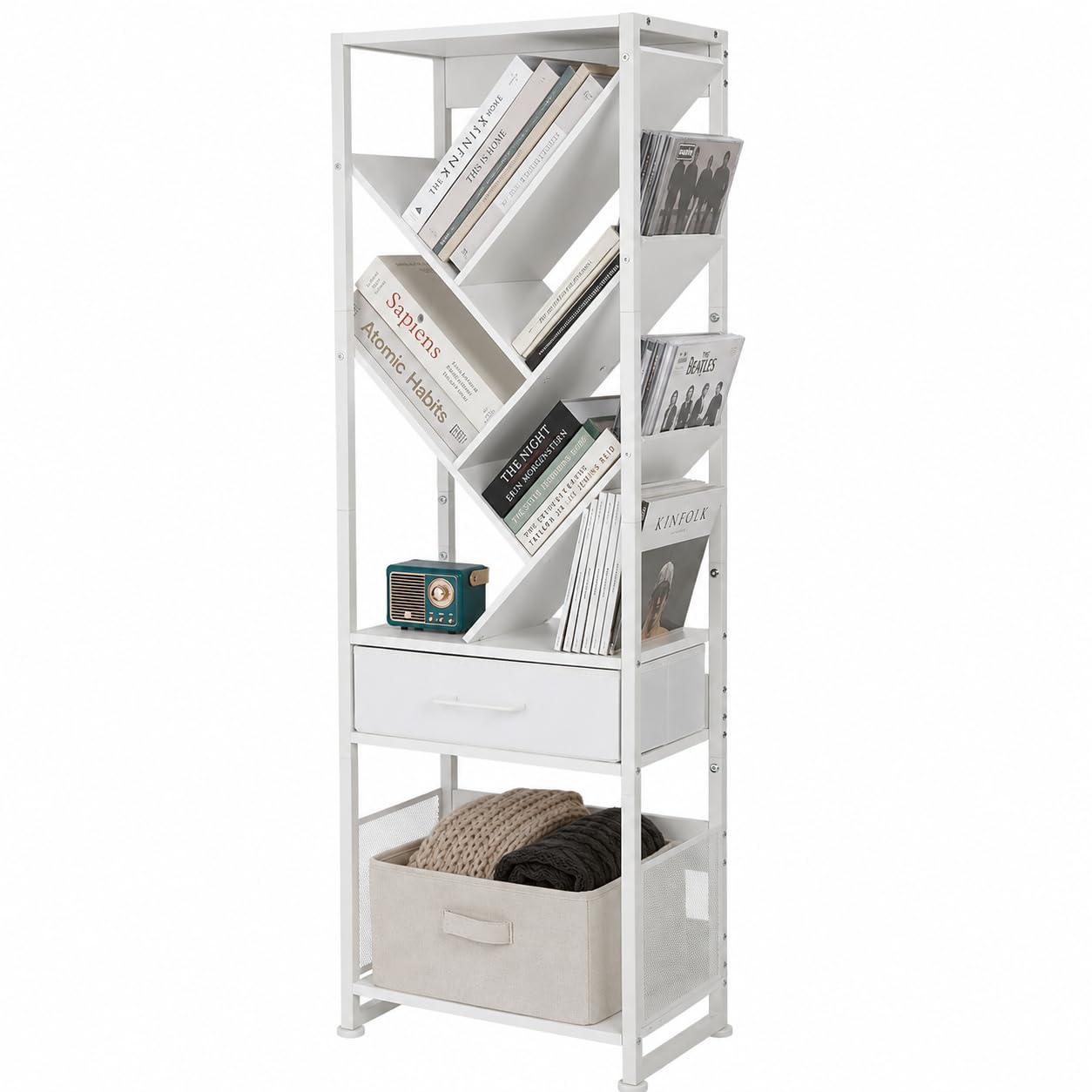 ruboka Tree Bookshelf with Side Table, Tall Bookcase with Storage Cabinet, Floor Standing Modern Narrow Bookshelves Organizer for Bedroom/Living