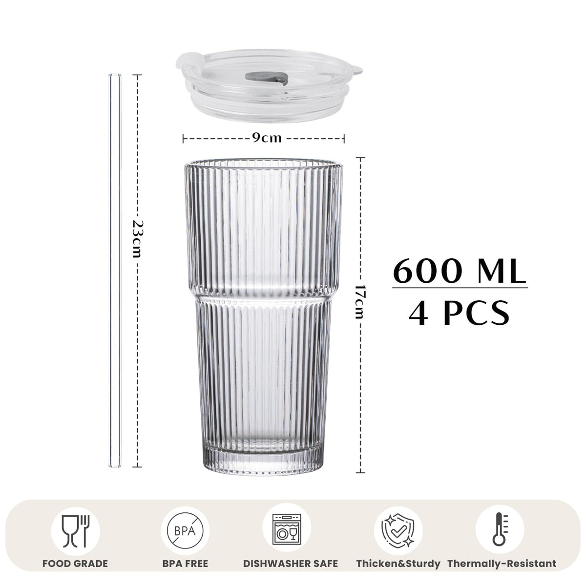 INSETLAN 600ml Ribbed Glass Tumblers with Lids and Glass Straws Set of 4, Leakproof Glass Cup with Straw and Lid, Thickened Glass, Ideal for Iced
