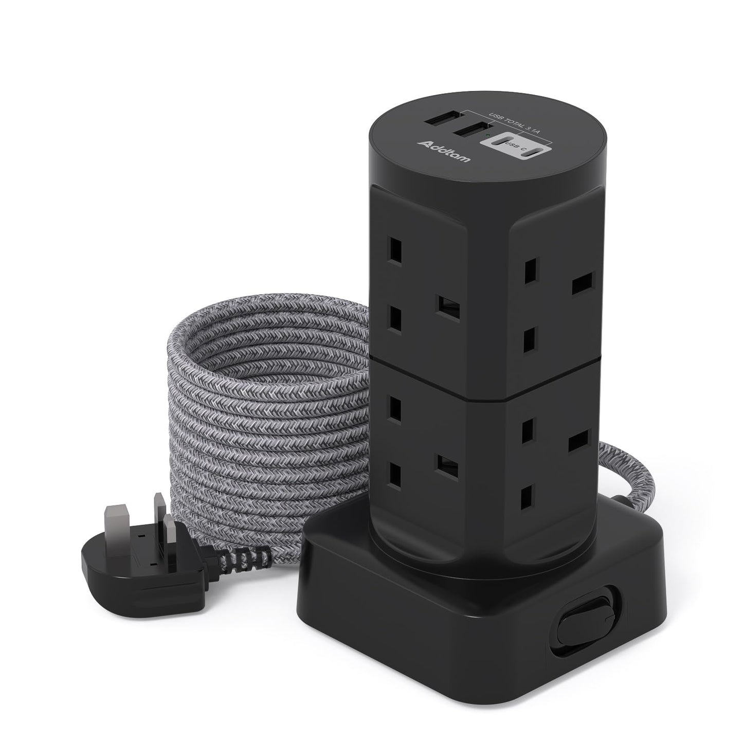 Tower Extension Lead with USB Slots, (13A 3250W), 8 Way Multi Plug Extension Tower & 4 USB Ports (2 Type C), 1.8M Extension Cable, Extension Lead