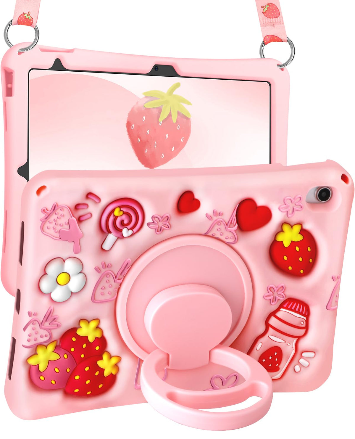 Kokaade for iPad 10th Generation/A16 Case - with Shoulder Strap & Rotating Stand Strawberry Cute Kawaii for Girls Teens Girly Soft Silicone Case for
