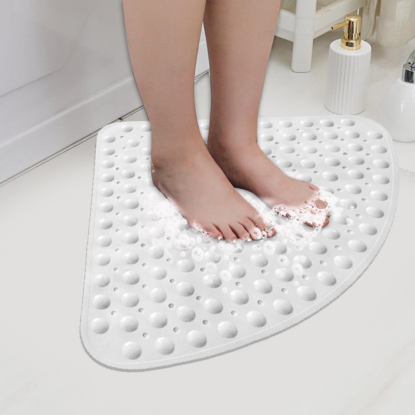 LOPYXBR Corner Shower Mats for Inside Shower 70x70CM White Quadrant Showers Mat Non Slip Curved Showers Mat with Suction Cups and Drain Sector for