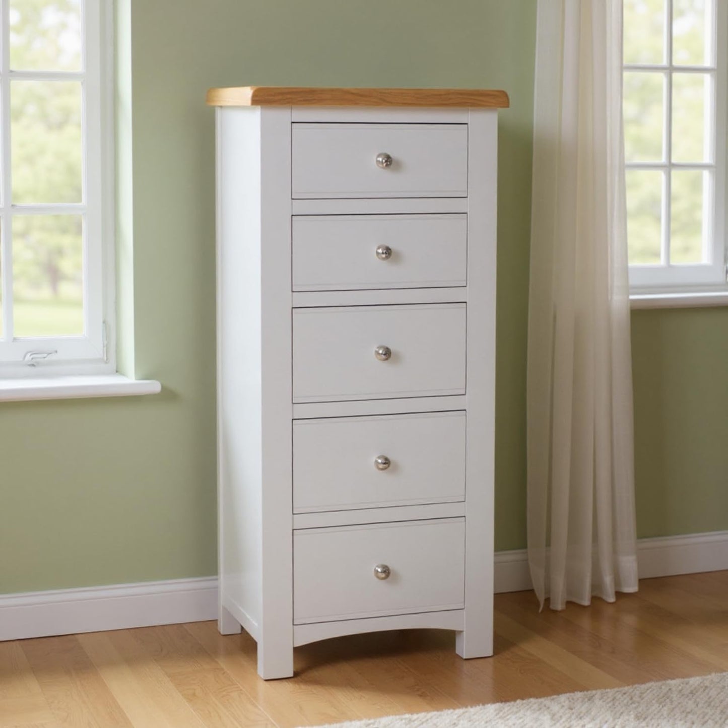 GROFurniture Painted Cashmere Grey Slim Wellington Chest of Drawers, Tallboy, 5 Deep Drawers, Oak Bedroom Furniture, Living room Storage, Fully