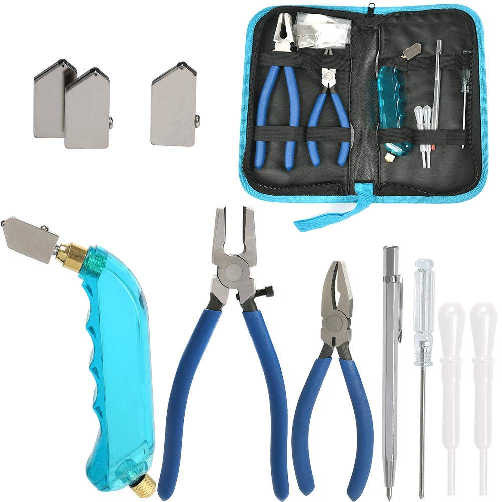 DODUOS Professional Glass Cutter Tool Kit - Heavy Duty Glass Running Pliers and Breaker Grozer Pliers, Pistol Grip Glass Cutter with 3 Cutter Heads,