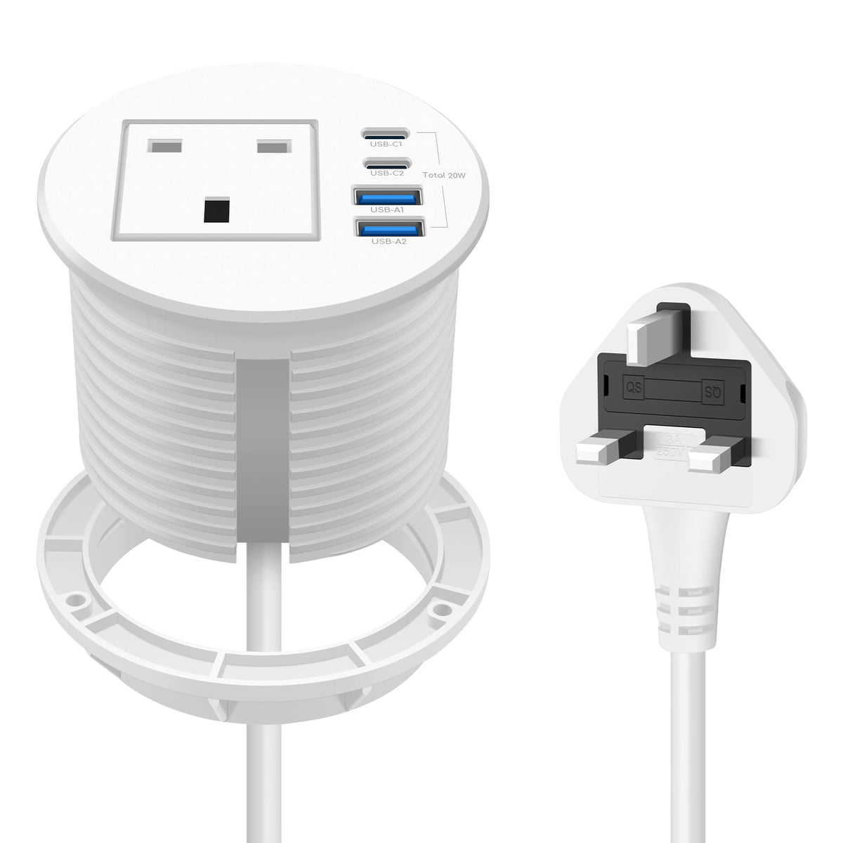 Recessed Power Socket with 1 UK Plug, 20W Fast Charging USB-C Port, Desk Power Grommet 80mm, Seamless Flush Mount - Make Your Desktop Tidier,