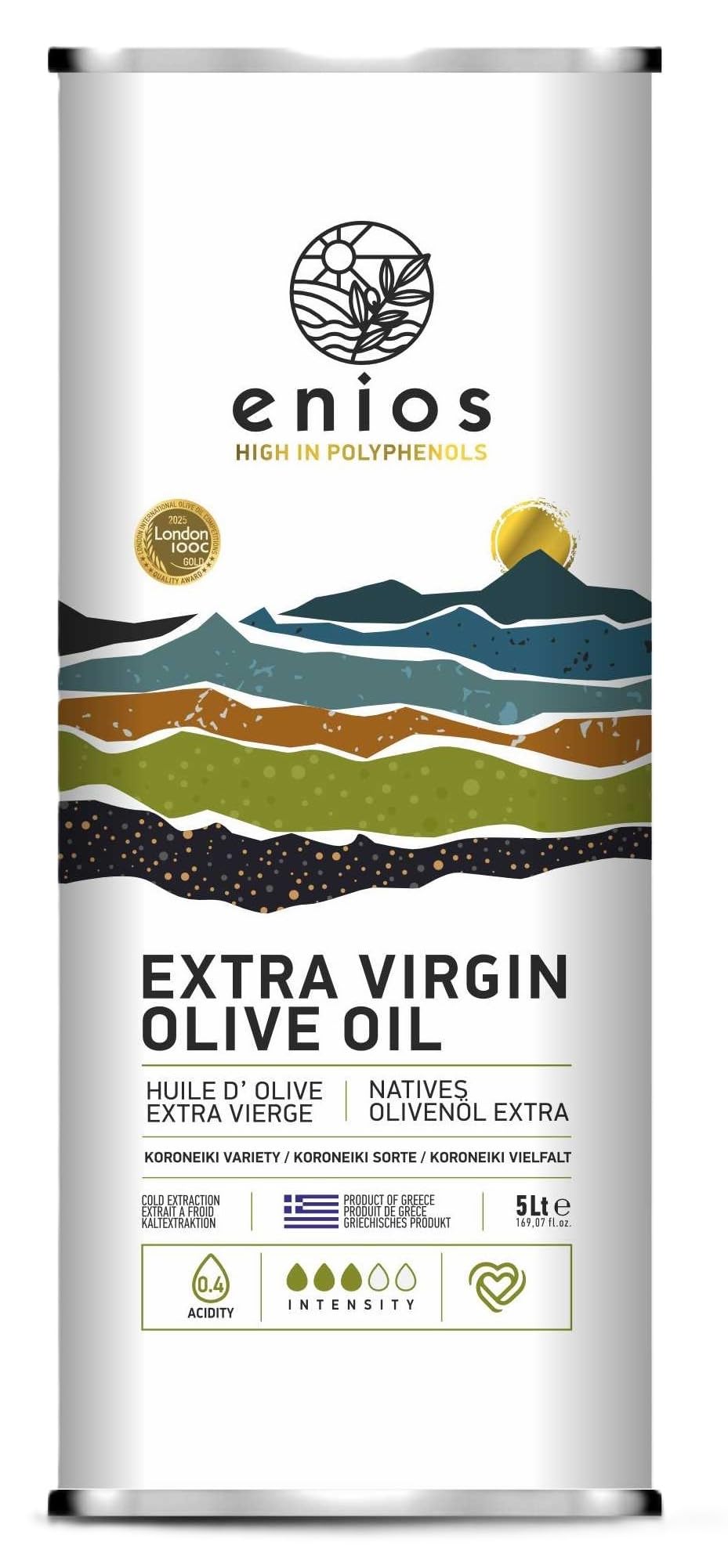 Enios Premium Greek (Kalamata) Extra Virgin Olive Oil 5L. Harvest 2025. First Cold Pressed, Low Acidity 0.27%, Rich in Polyphenols. Best Before: